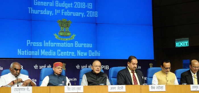 The Union Minister for Finance and Corporate Affairs, Arun Jaitley, (third from left) addressing a Post Budget Press Conference [image courtesy: PIB]