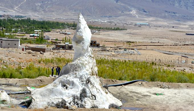 A huge area below the two large ice stupas in Phyang village has been turned green with the help of ice melt  in the past three years (Photo by Athar Parvaiz)