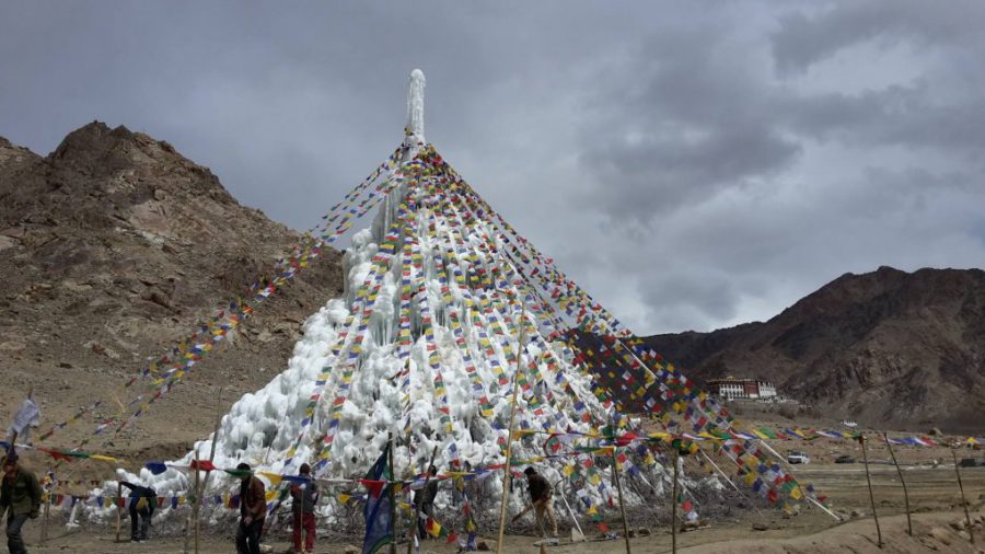 Ice stupas provide essential water in the during the spring for irrigation in an area where snow and rainfall is decreasing (Image: Ice Stupa Artificial Glacier Project)