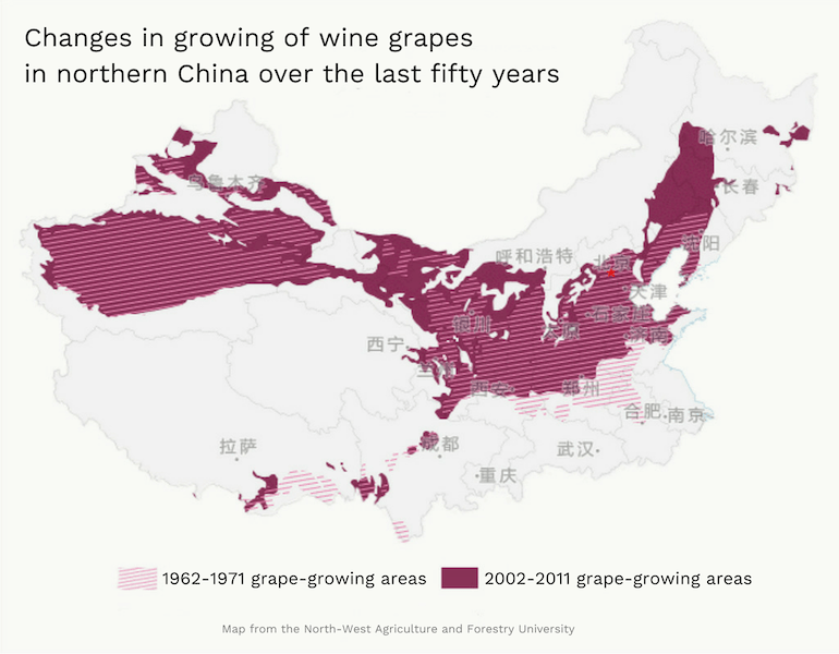 Climate change has made more of northern China suitable for cultivation of wine grapes. According to research by North-West Agriculture and Forestry University, the zones suitable for growing wine grapes have moved into the north-west and north-east, with northern Xinjiang, Heilongjiang, Jilin and Inner Mongolia now producing wines