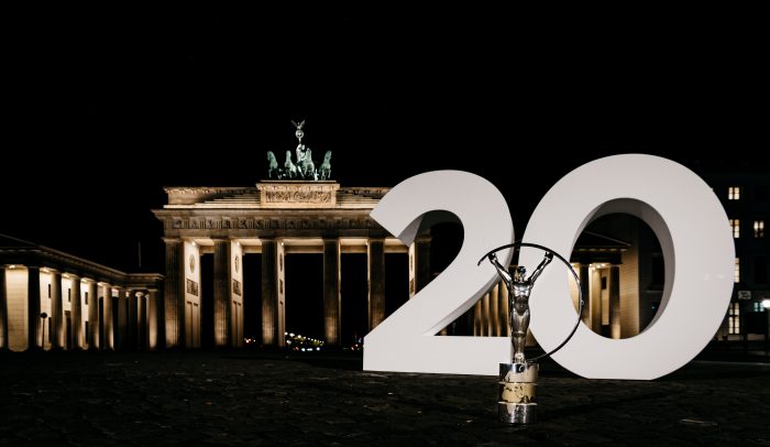 BERLIN, GERMANY - OCTOBER 07: The Laureus Statue is seen in front of the Brandburger Gate on October 6, 2019 in Berlin, Germany. (Photo by Alexander Scheuber/Getty Images for Laureus)