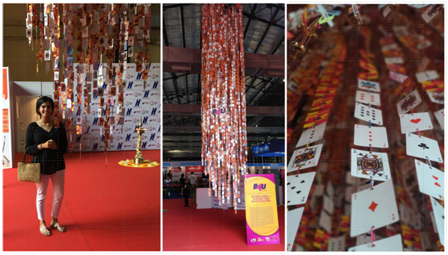 Left to Right: Artist Al QawiTazalNanavati with her work of art, The installation from top to bottom at NESCO, Closer view of the playing cards